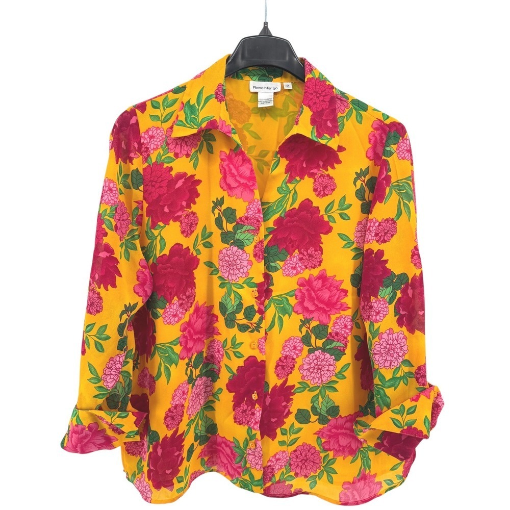 Rene Margo Floral Blouse Womens 1X Pre-Owned Button Yellow Pink Long Sleeve Top‎